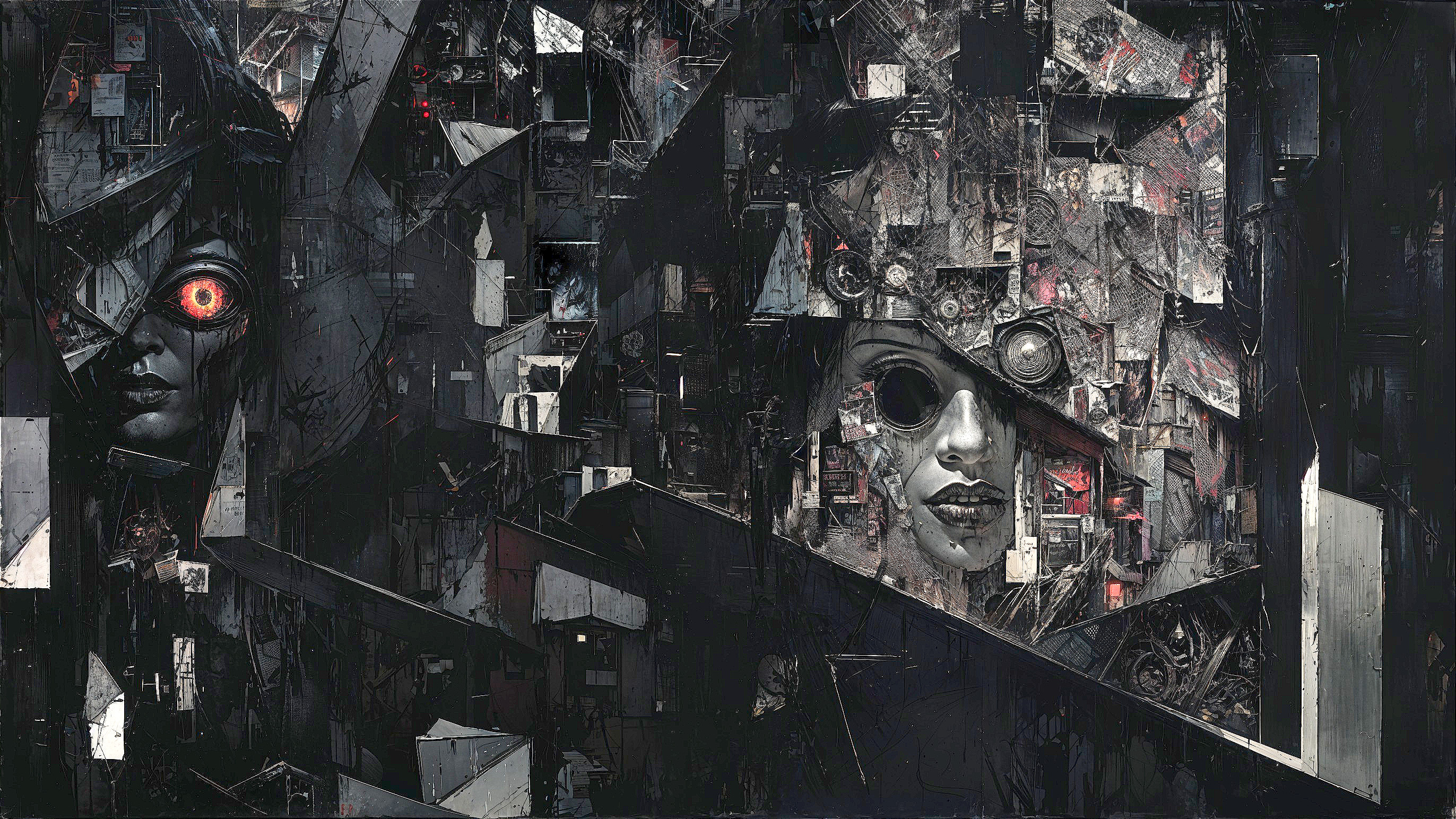 Surrealistic Faces in Dark Abstract Landscape