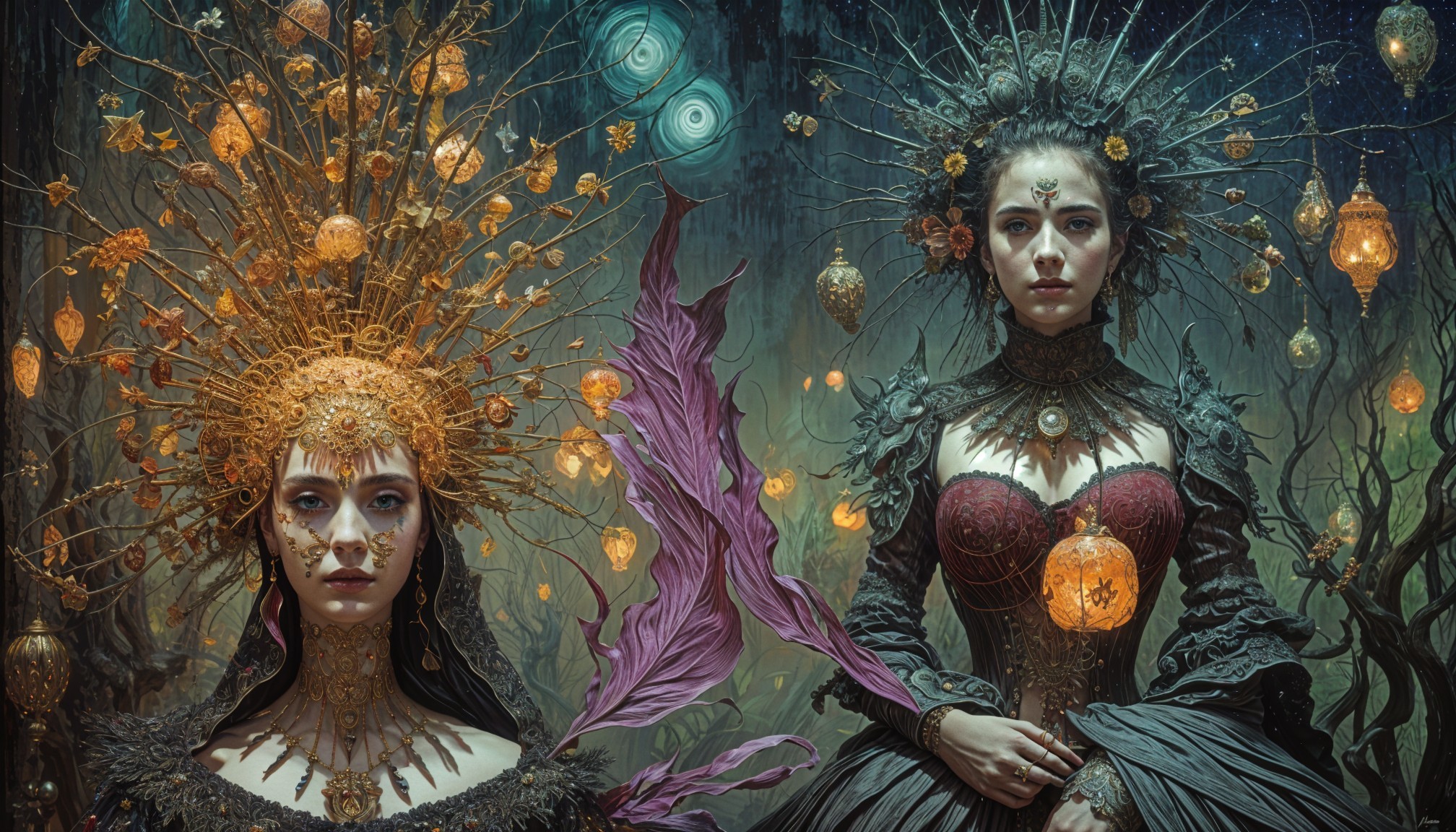 Ethereal Women with Ornate Headdresses and Lanterns