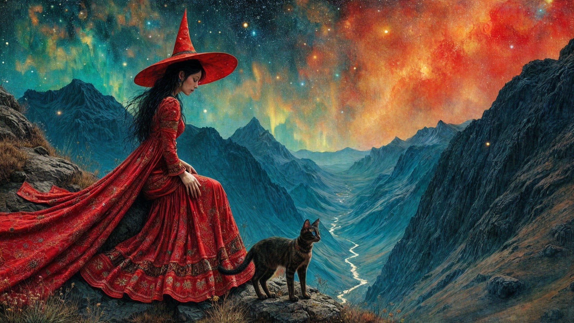 Mystical Landscape with Woman in Red Gown and Cat