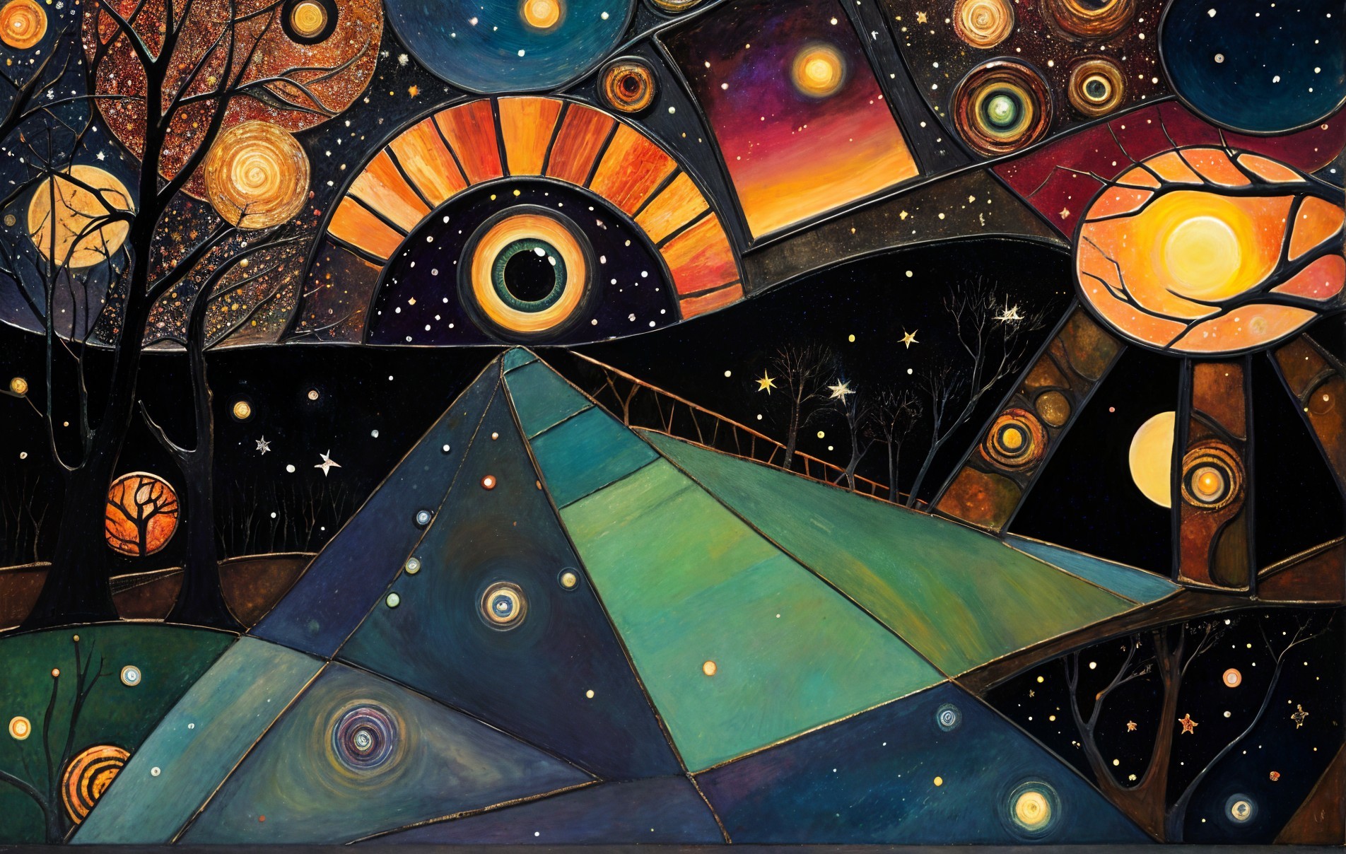 Abstract Landscape with Geometric Hills and Stars