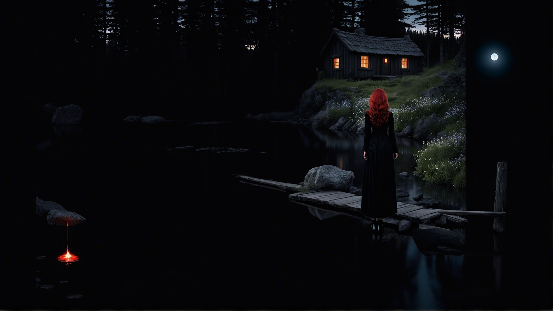 Character in Black Robe on Dock at Night Scene