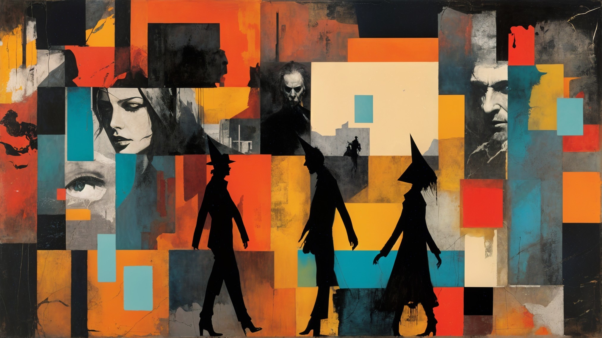 Bold Silhouettes Against Colorful Geometric Shapes