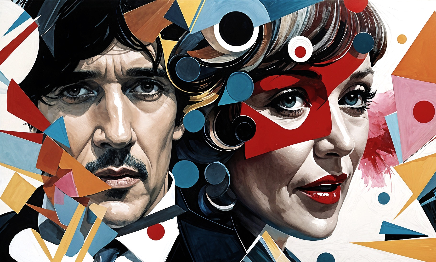 Stylized Portrait of Man and Woman with Geometric Background