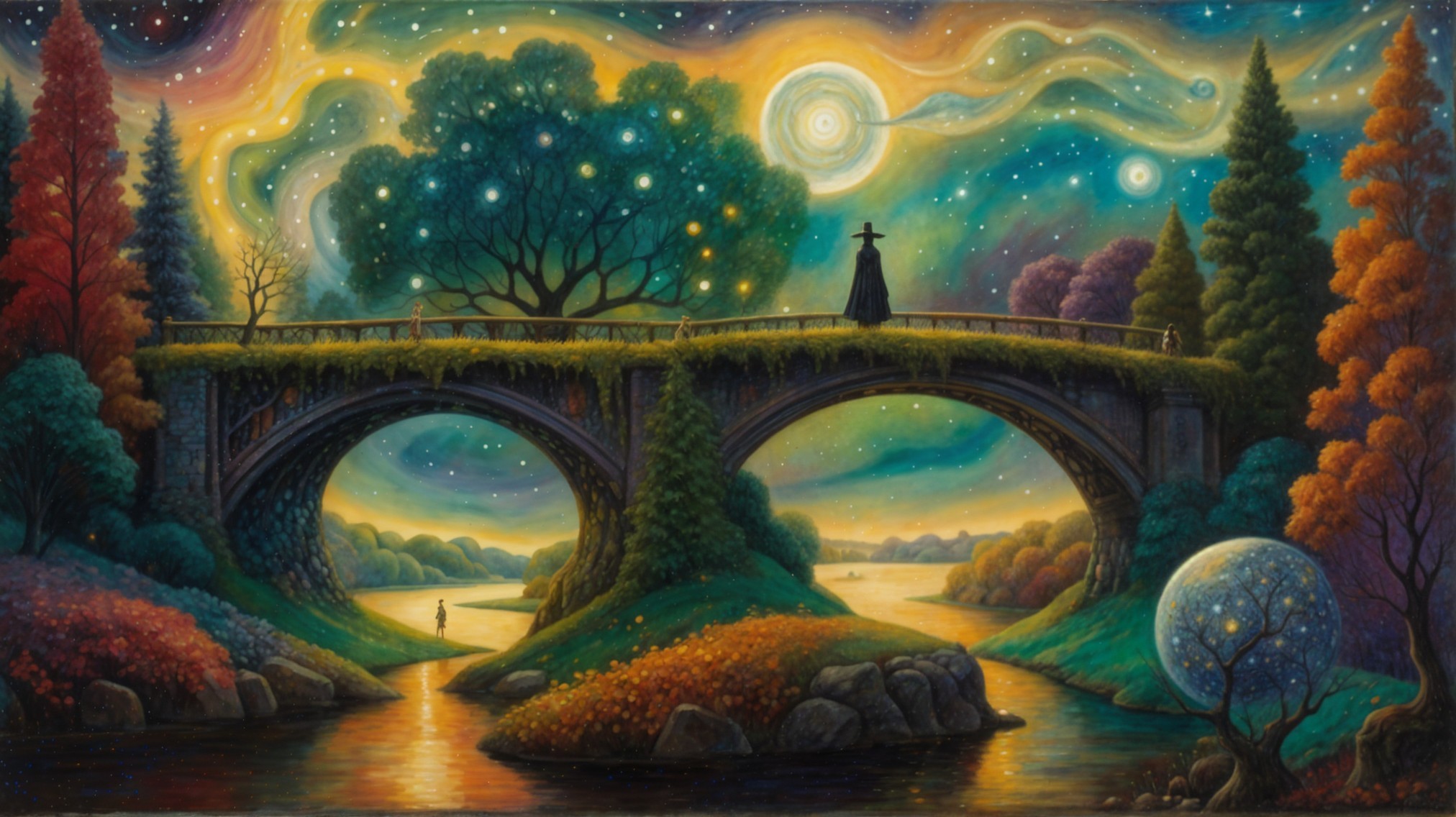 Surreal landscape with bridge over shimmering river