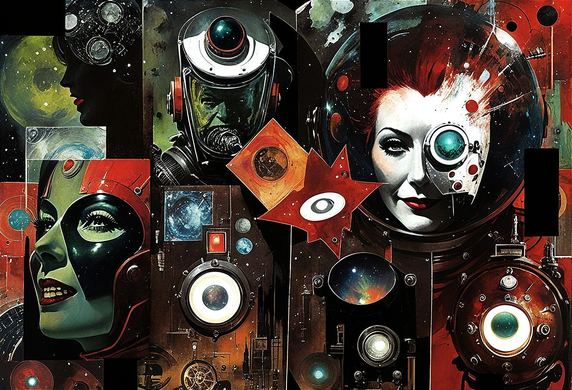 Retro-Futuristic Characters in Cosmic Collage Art