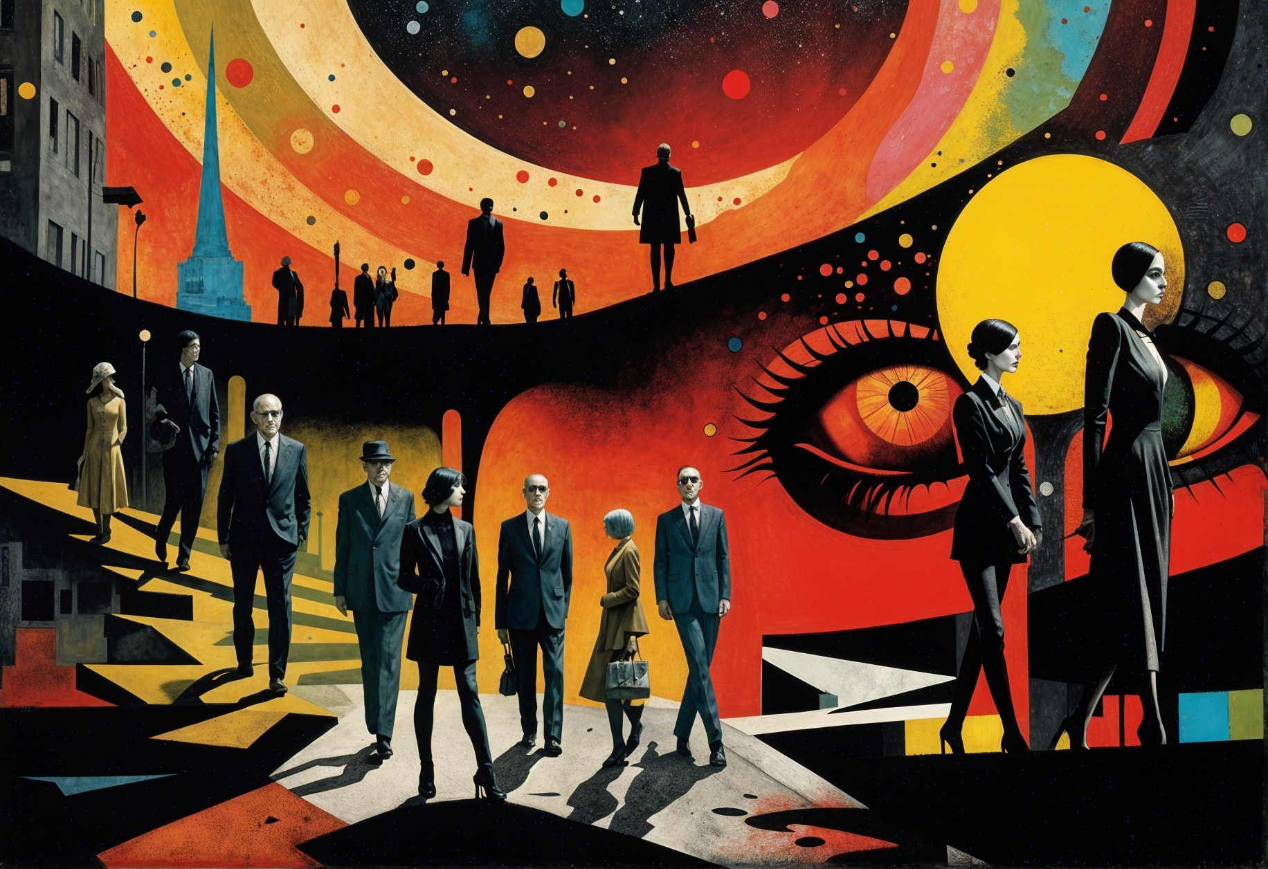 Surreal Illustration of Shadowy Figures in Urban Scene