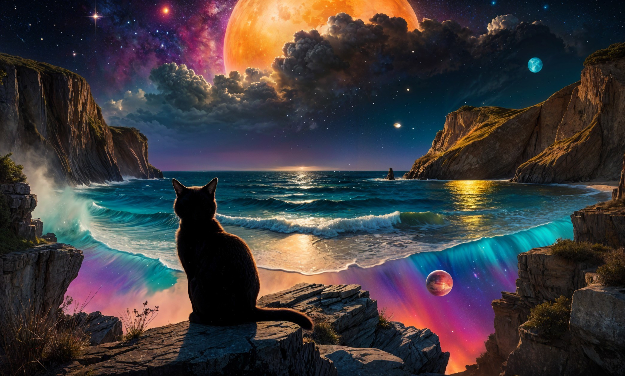 Black Cat on Rocky Ledge Overlooking Cosmic Ocean