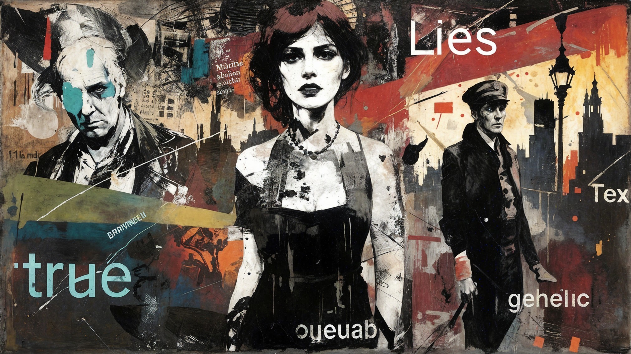 Mixed-media artwork with emotional characters and text