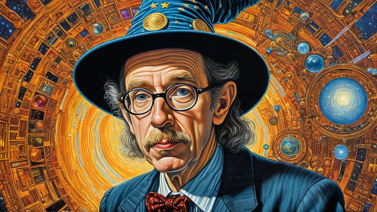 Whimsical Portrait of a Man in Wizard Hat and Suit