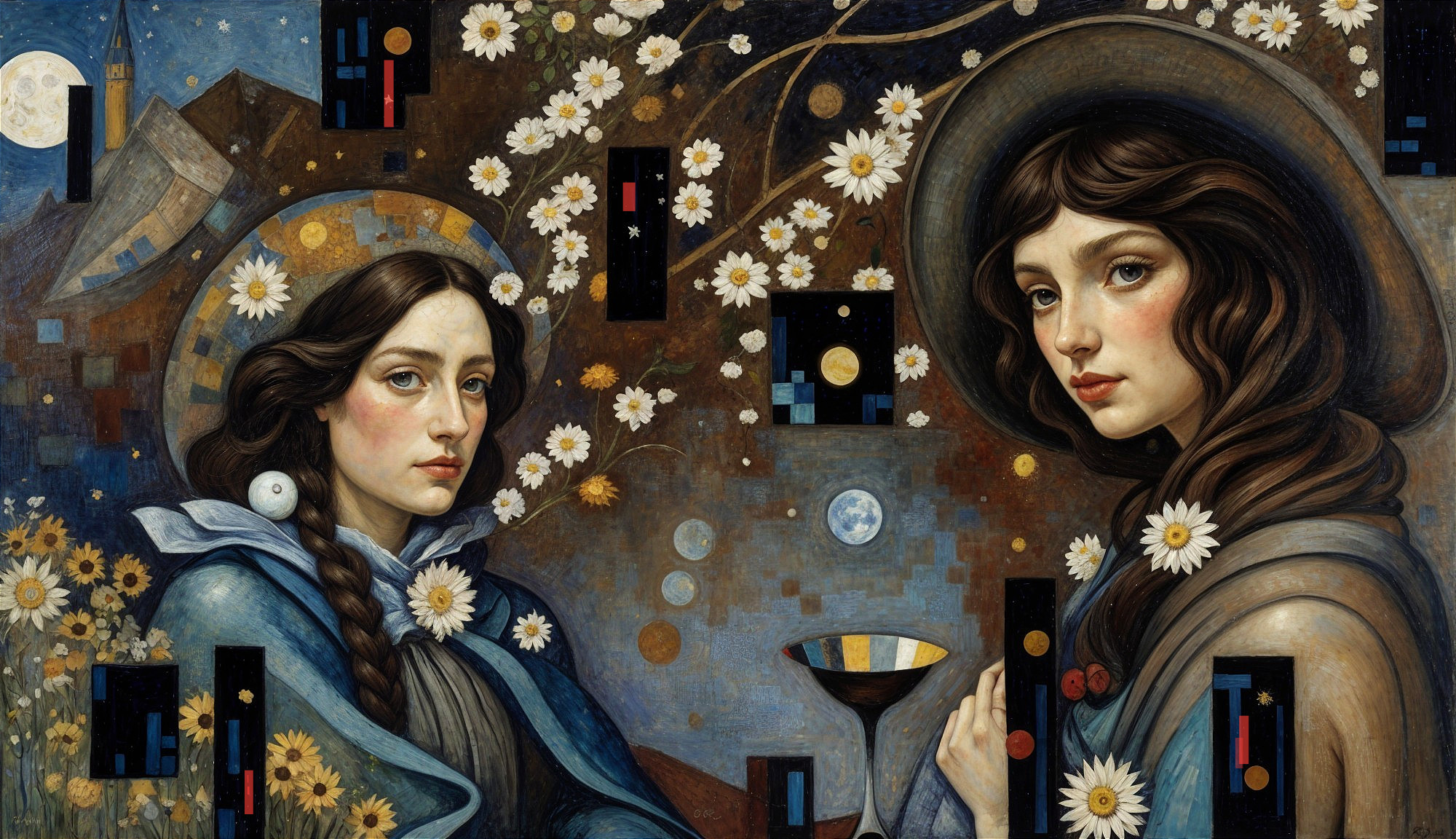 Women with Flowers in a Night Sky Artwork