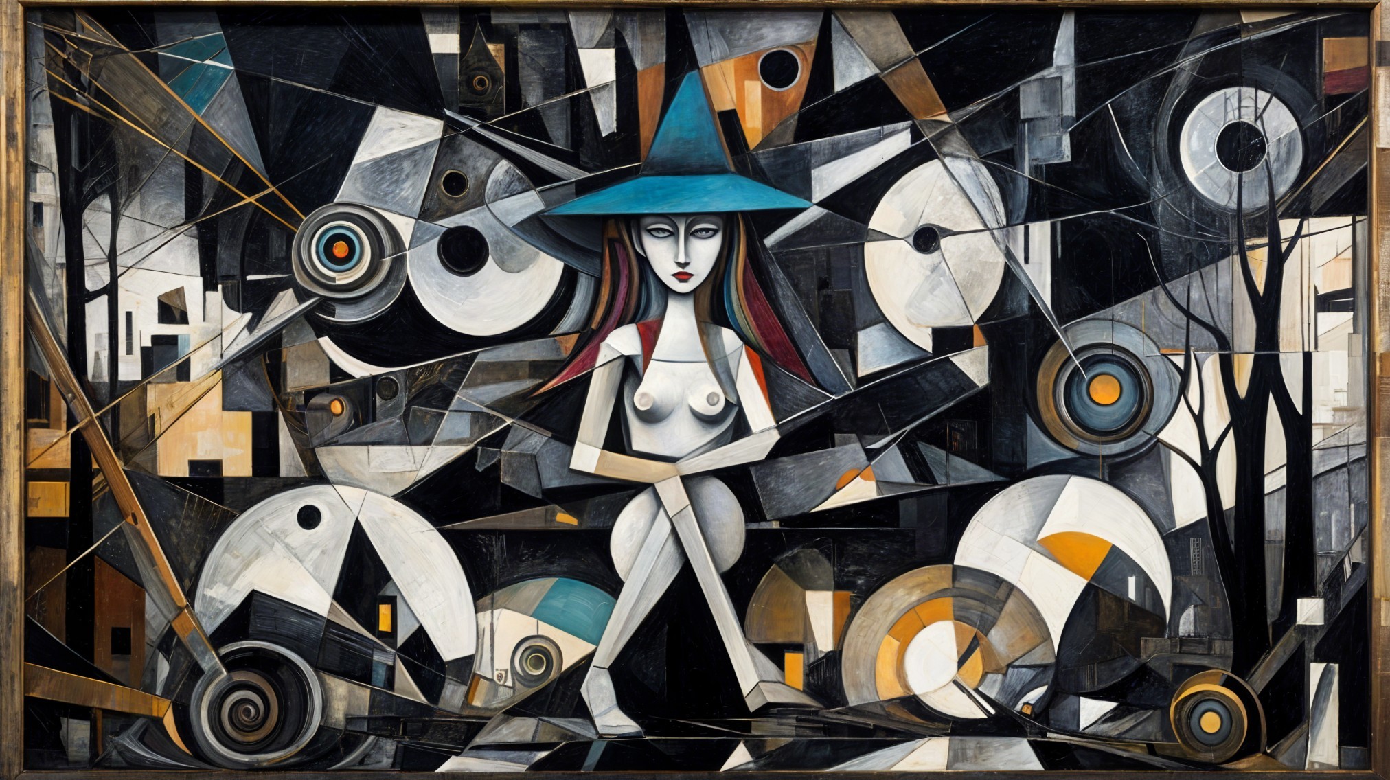 Stylized Woman in Abstract Landscape with Geometric Shapes