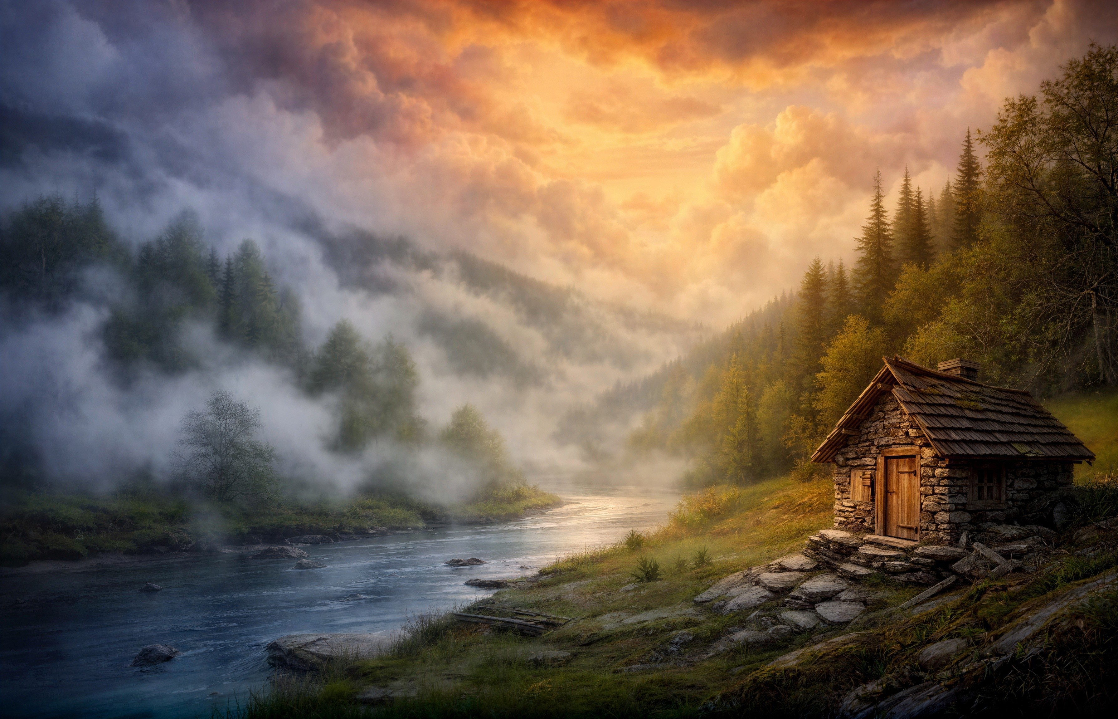 Cinematic Digital Painting of a Stone Cabin by River