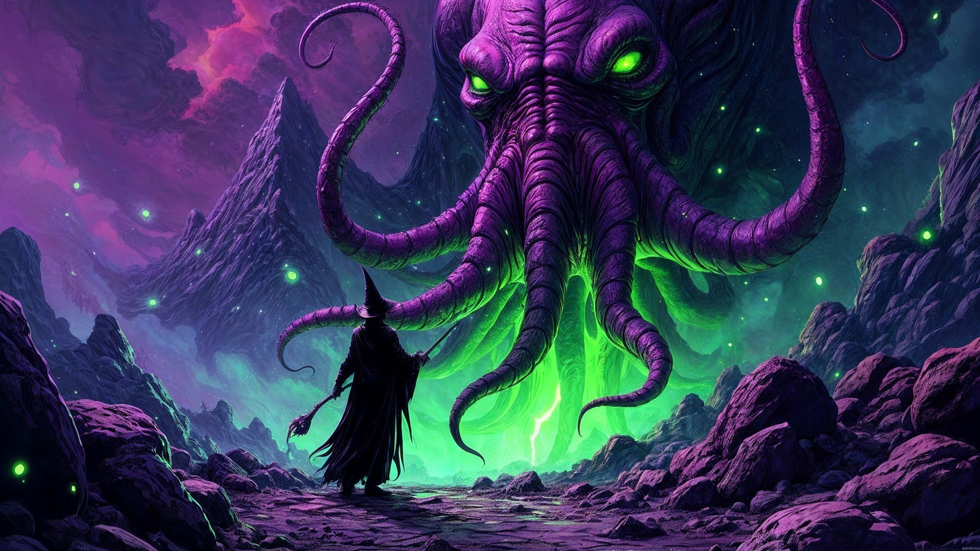 Colossal Tentacled Creature in Mystical Landscape