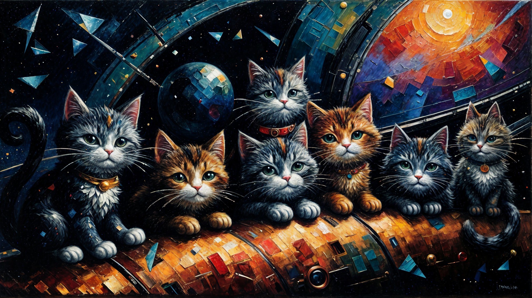Whimsical Painting of Eight Cats in Cosmic Setting