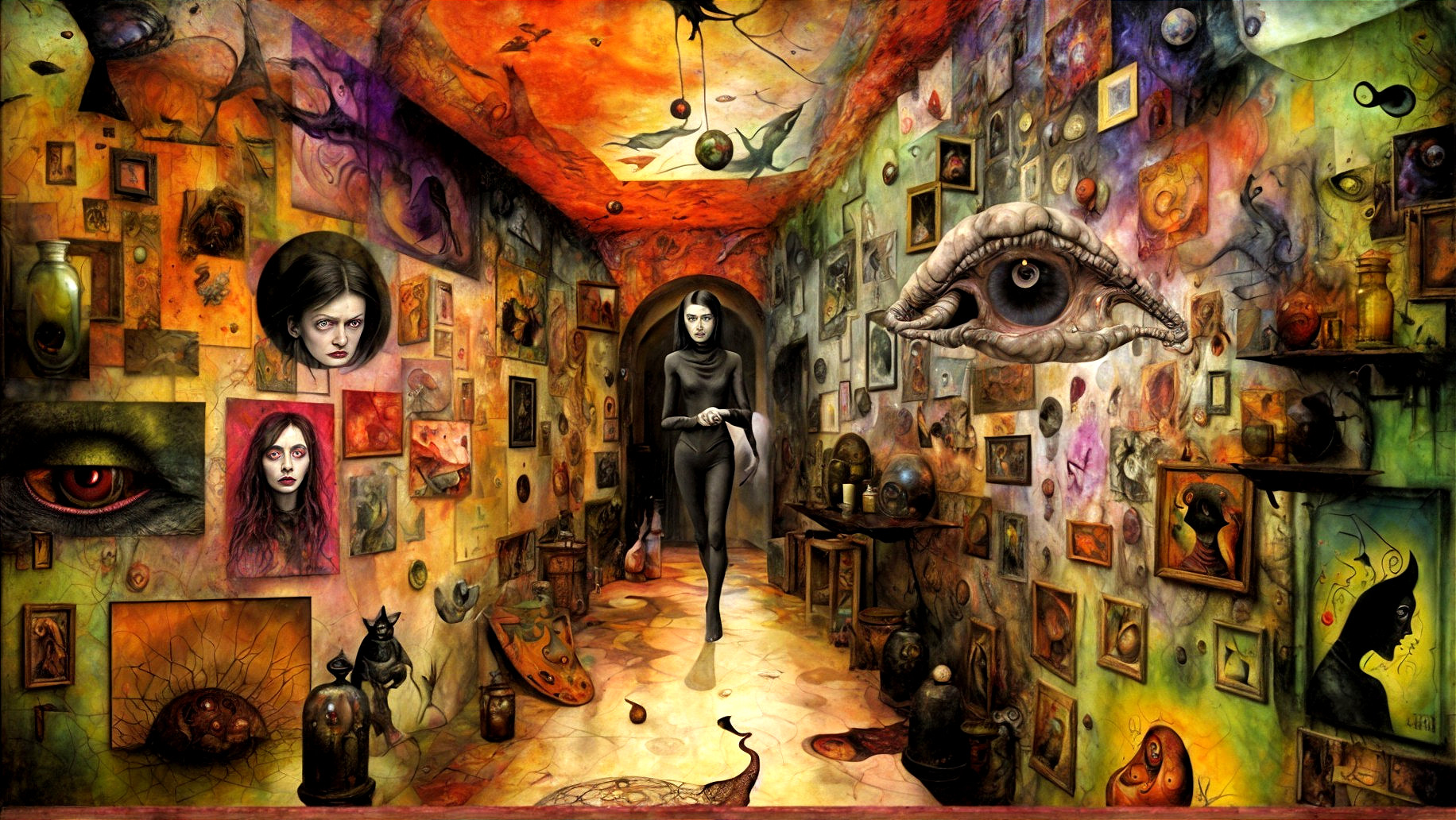 Surreal Corridor with Eerie Artwork and Bizarre Figures