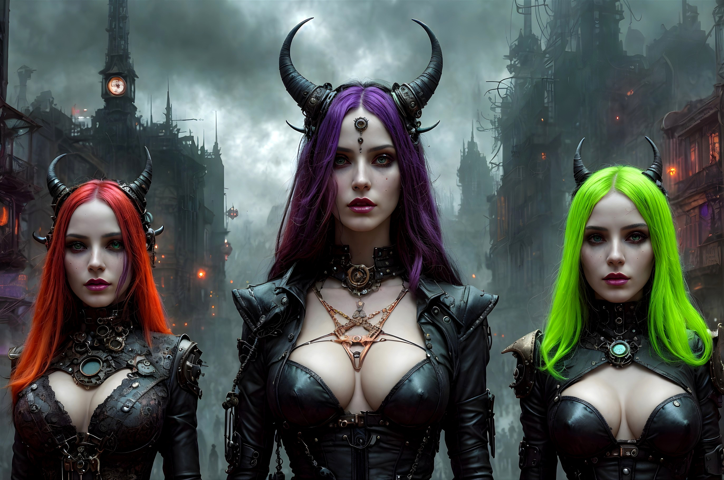 Colorful-haired women in gothic cityscape setting