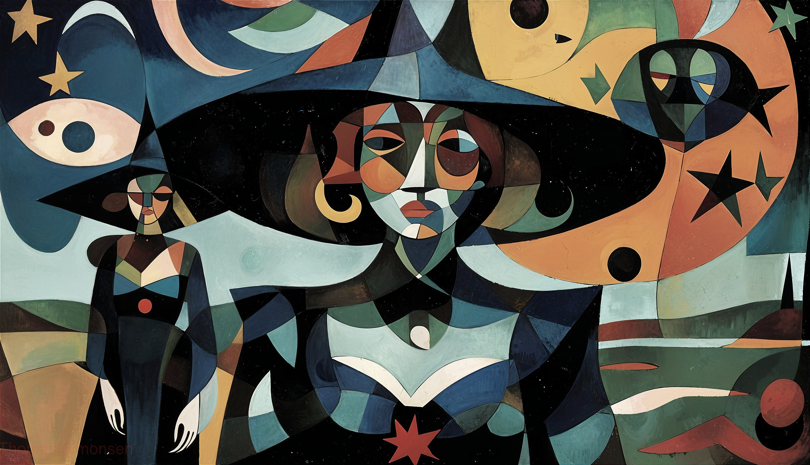 Stylized Figures in Bold Colors with Celestial Background