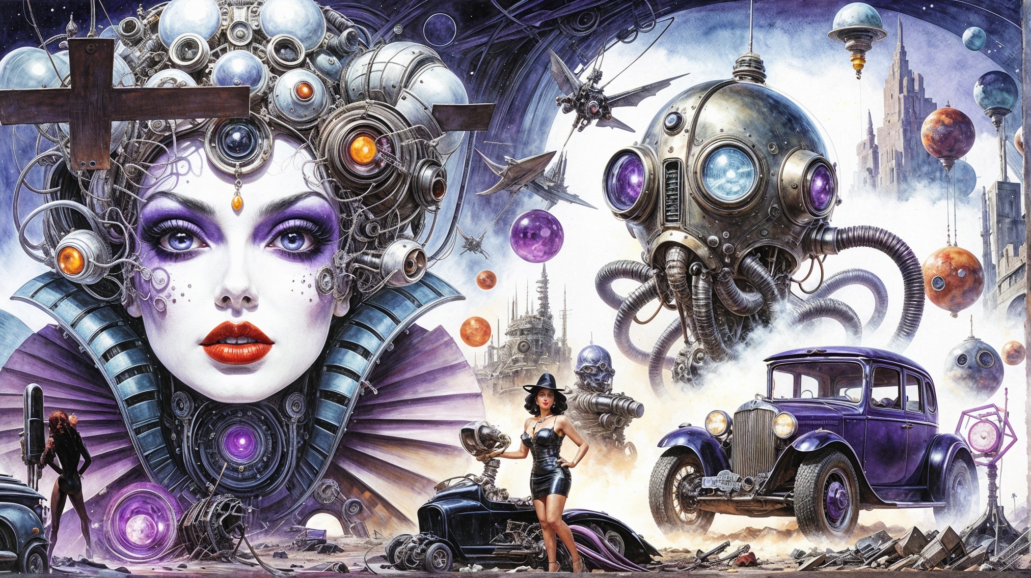 Surrealist Scene with Retro-Futurism and Fantasy Elements