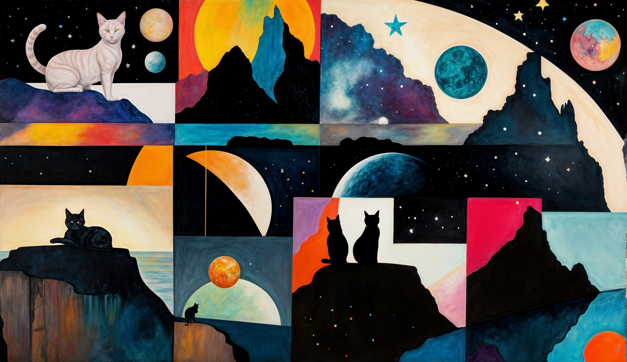 Vibrant Collage of Celestial Landscapes and Cats