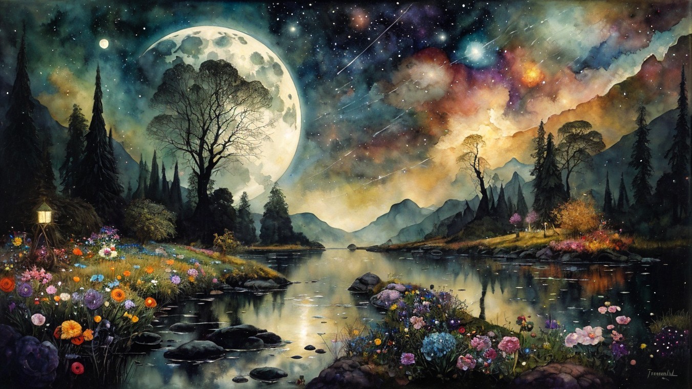 Twilight Landscape with River, Moon, and Mountains