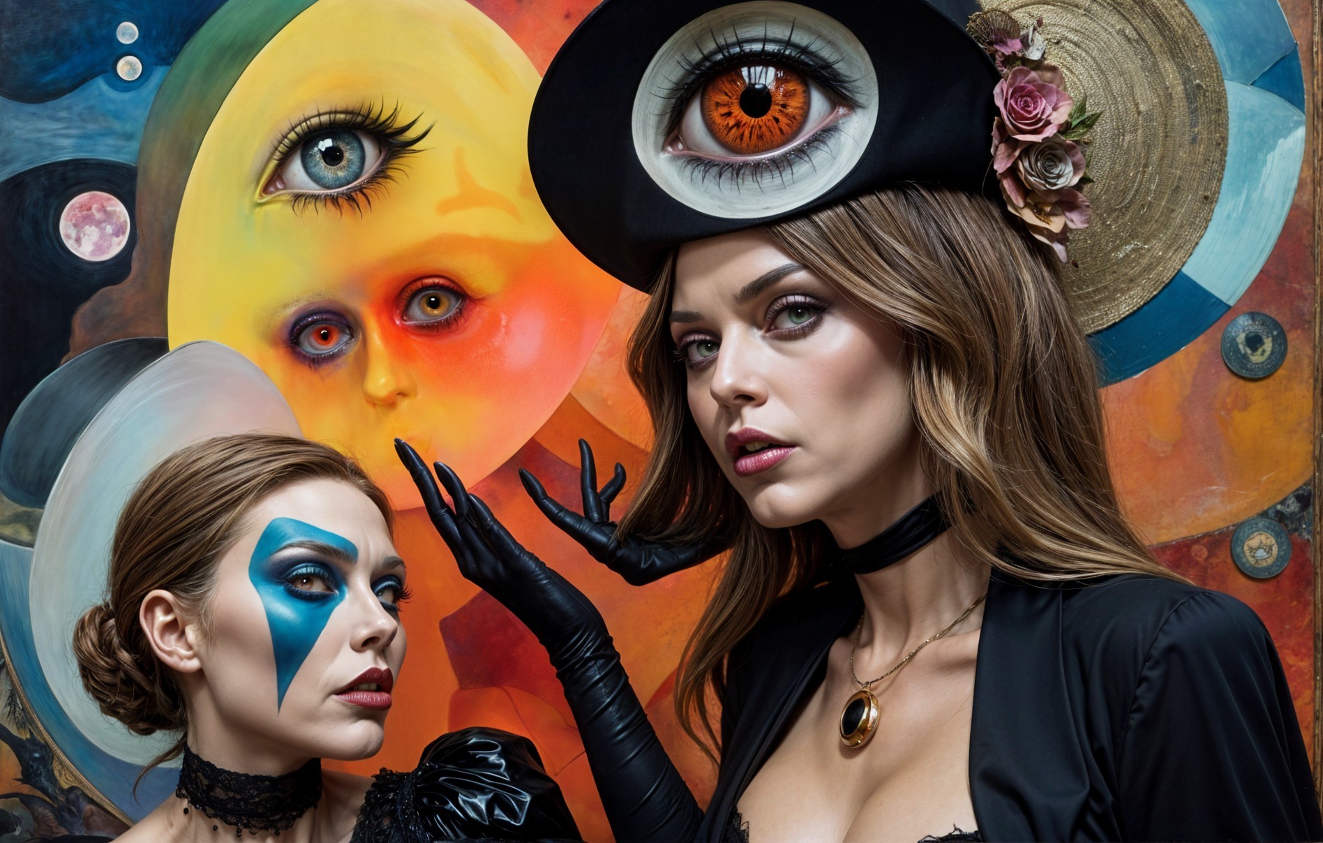 Women in Costumes with Celestial Background