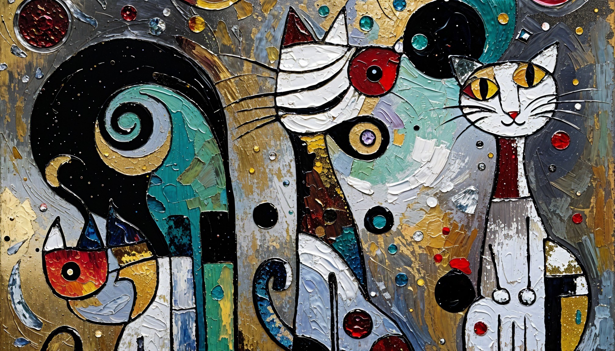 Vibrant Abstract Artwork of Three Colorful Cats