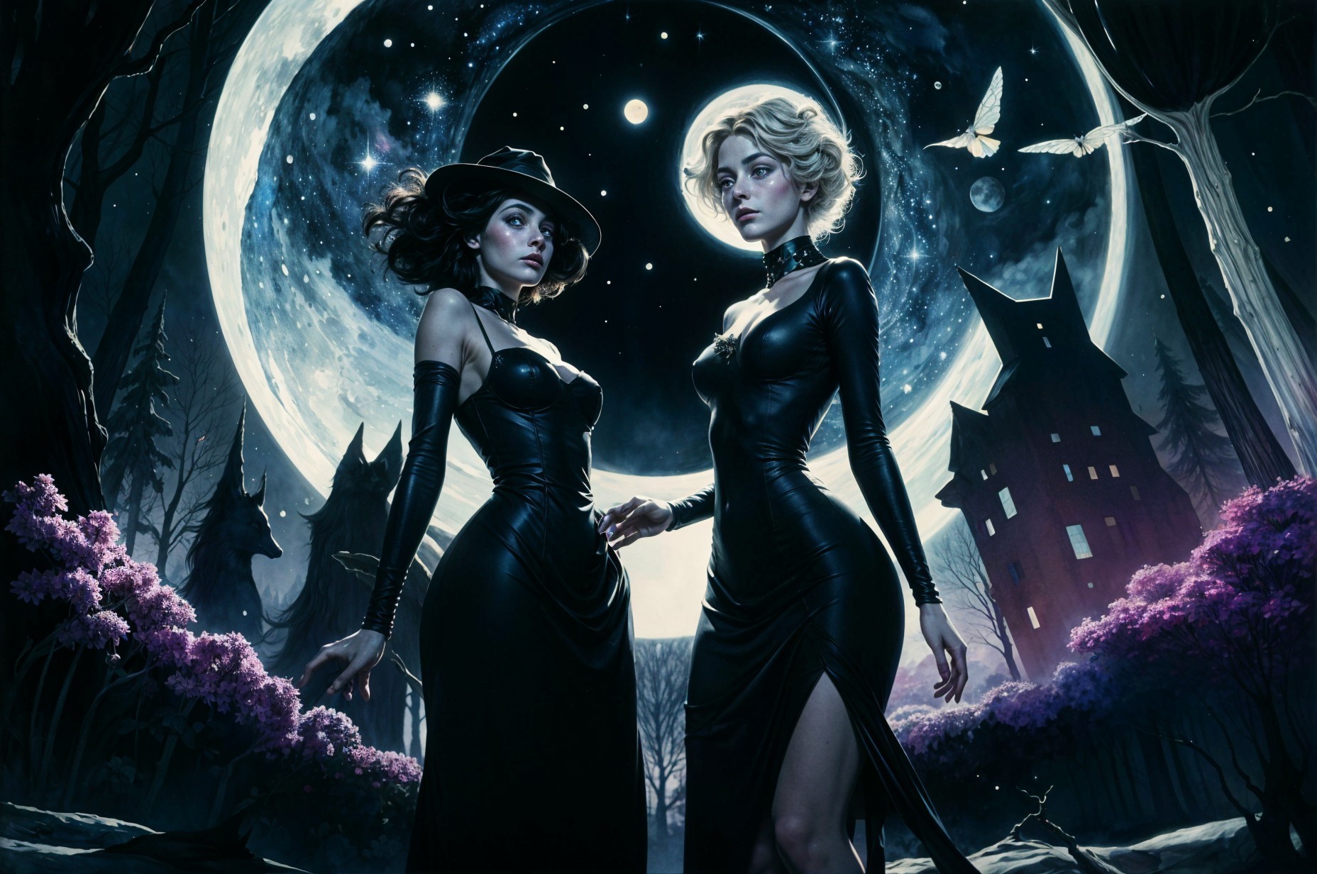 Enchanting Women in Black Gowns Under Full Moonlight