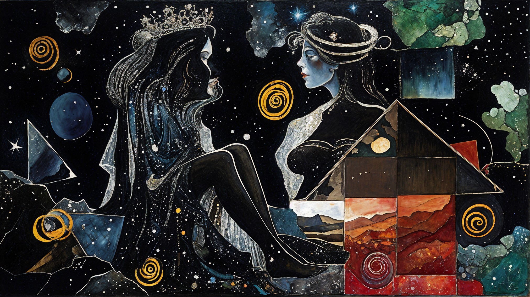 Ethereal Figures in Cosmic Duality Artwork