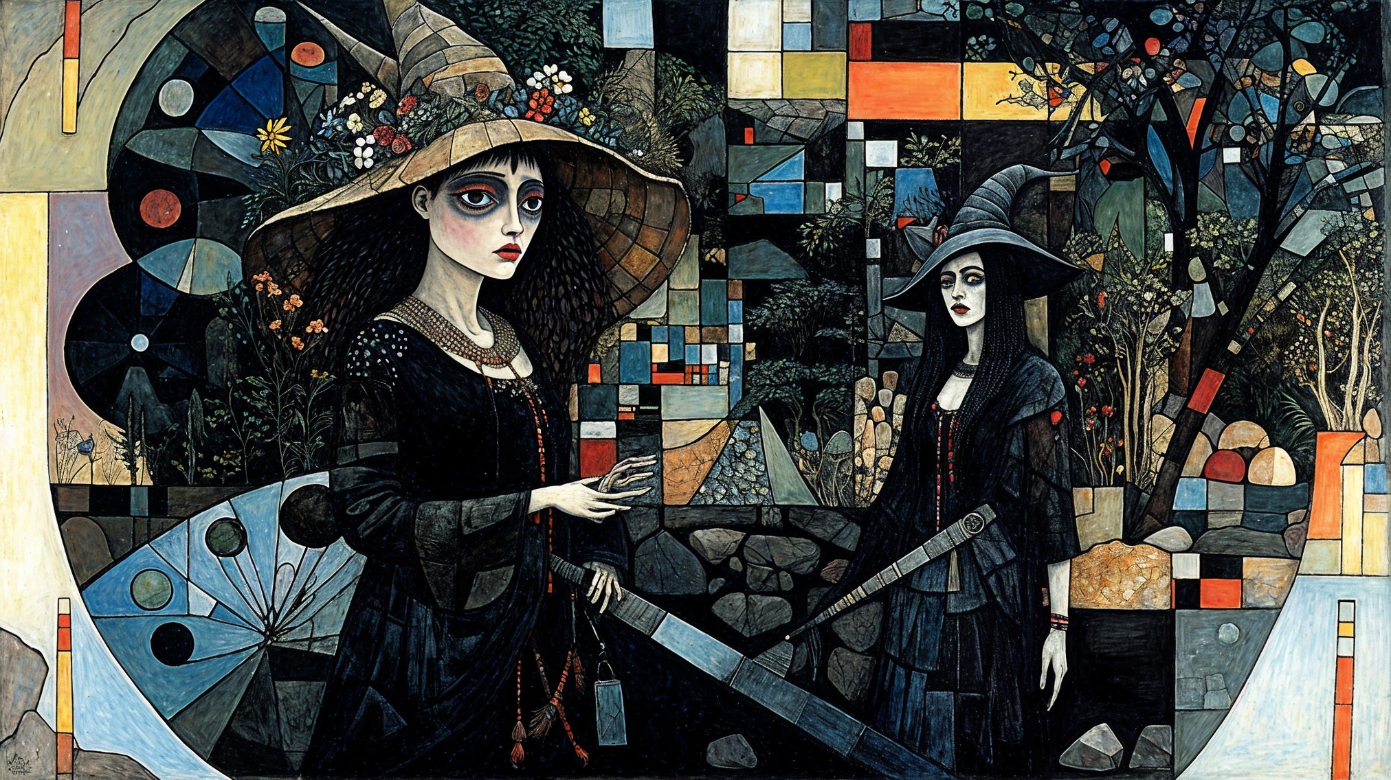 Women in Dark Attire with Abstract Background