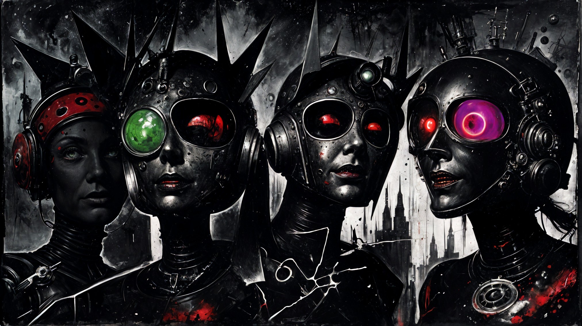 Cyborg Figures with Expressive Eyes in Dark Atmosphere