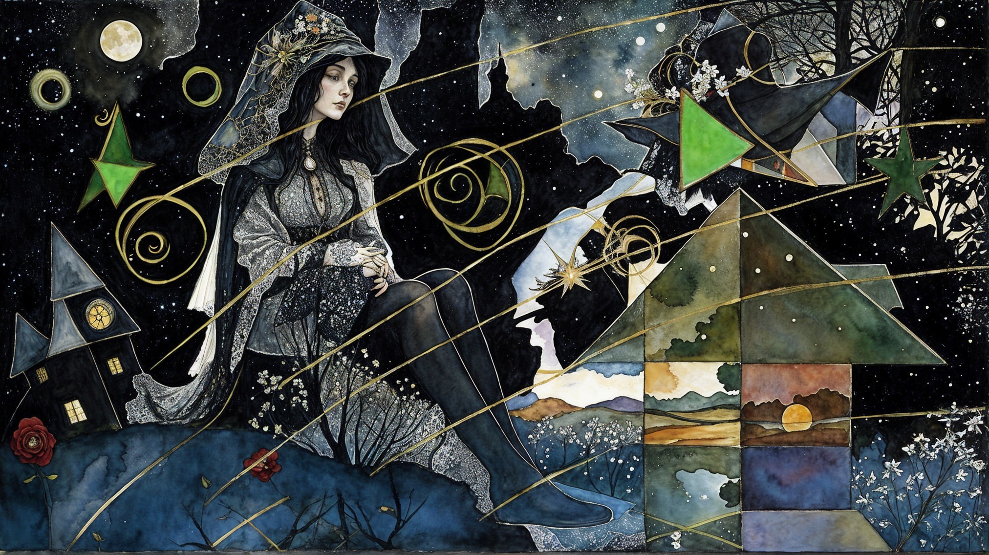 Mystical Woman in Cloak Against Starry Night Sky