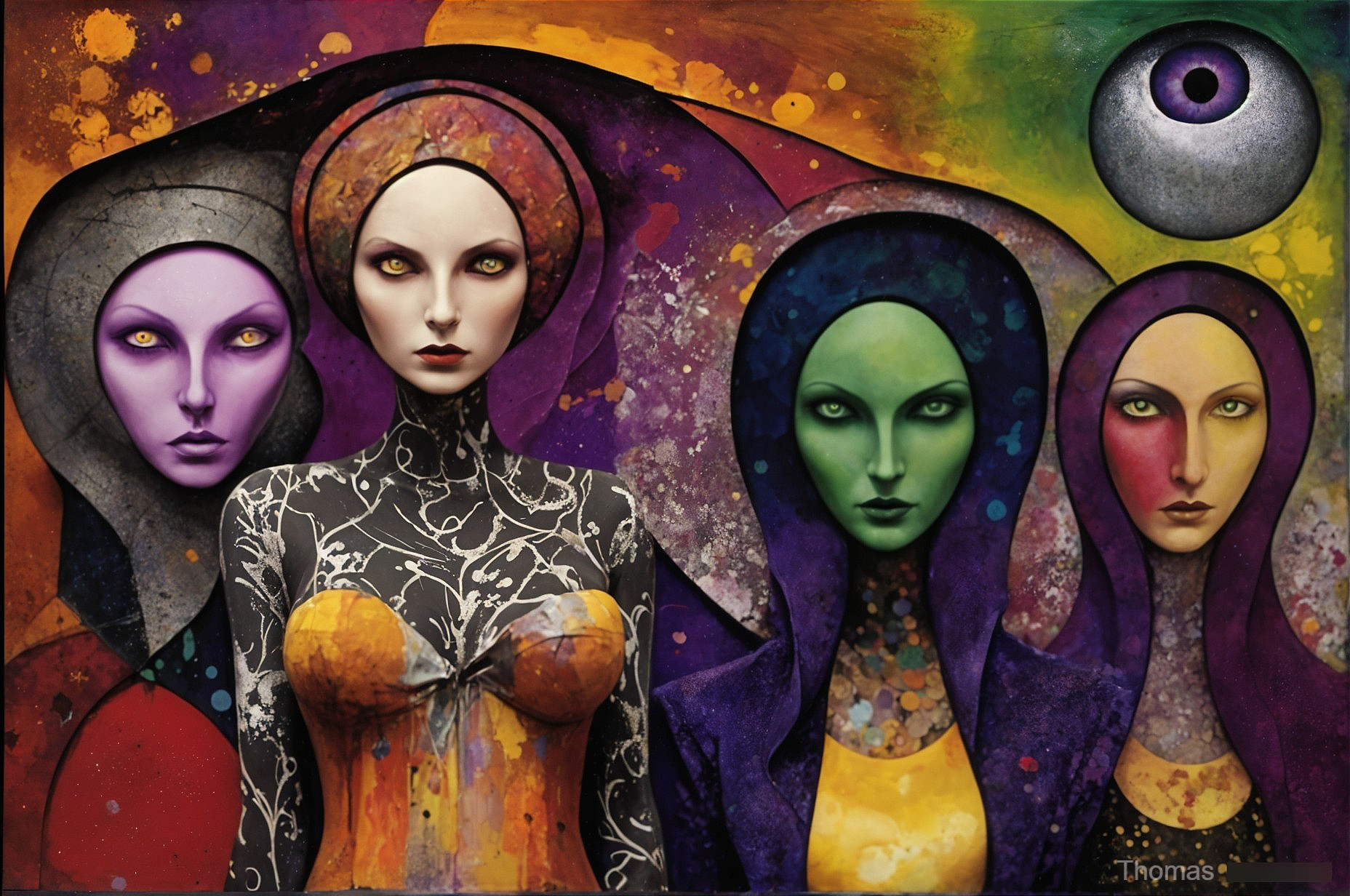 Surreal Artwork with Four Colorful Enigmatic Figures