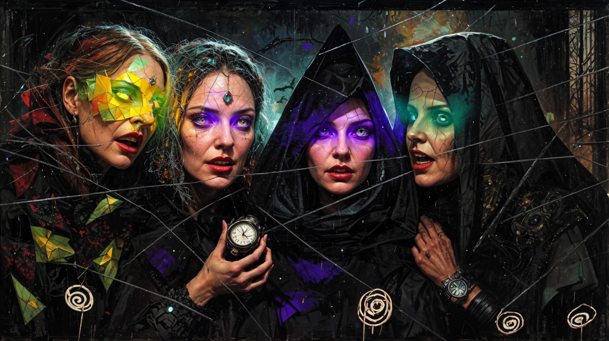 Mysterious Figures in Ornate Costumes and Dark Colors