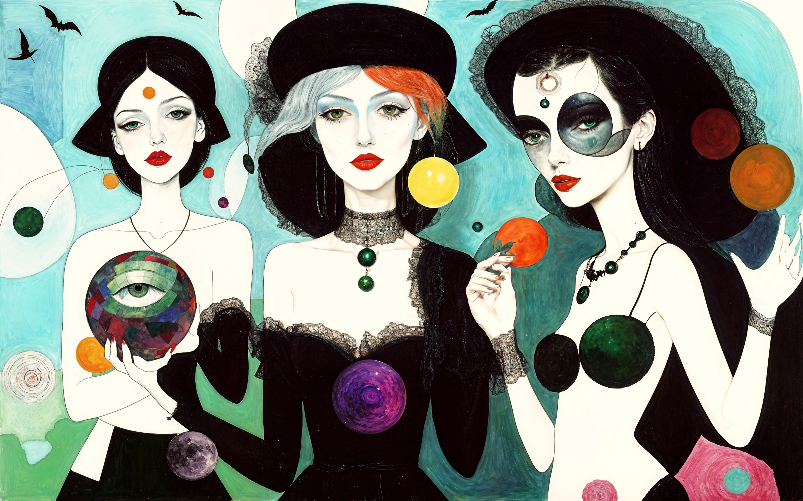 Elegant Women in Black Attire with Celestial Motifs