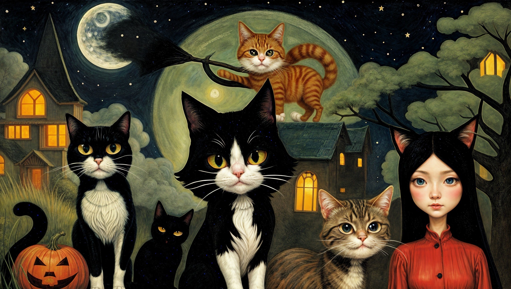 Whimsical Halloween Scene with Cats and Moonlit Background
