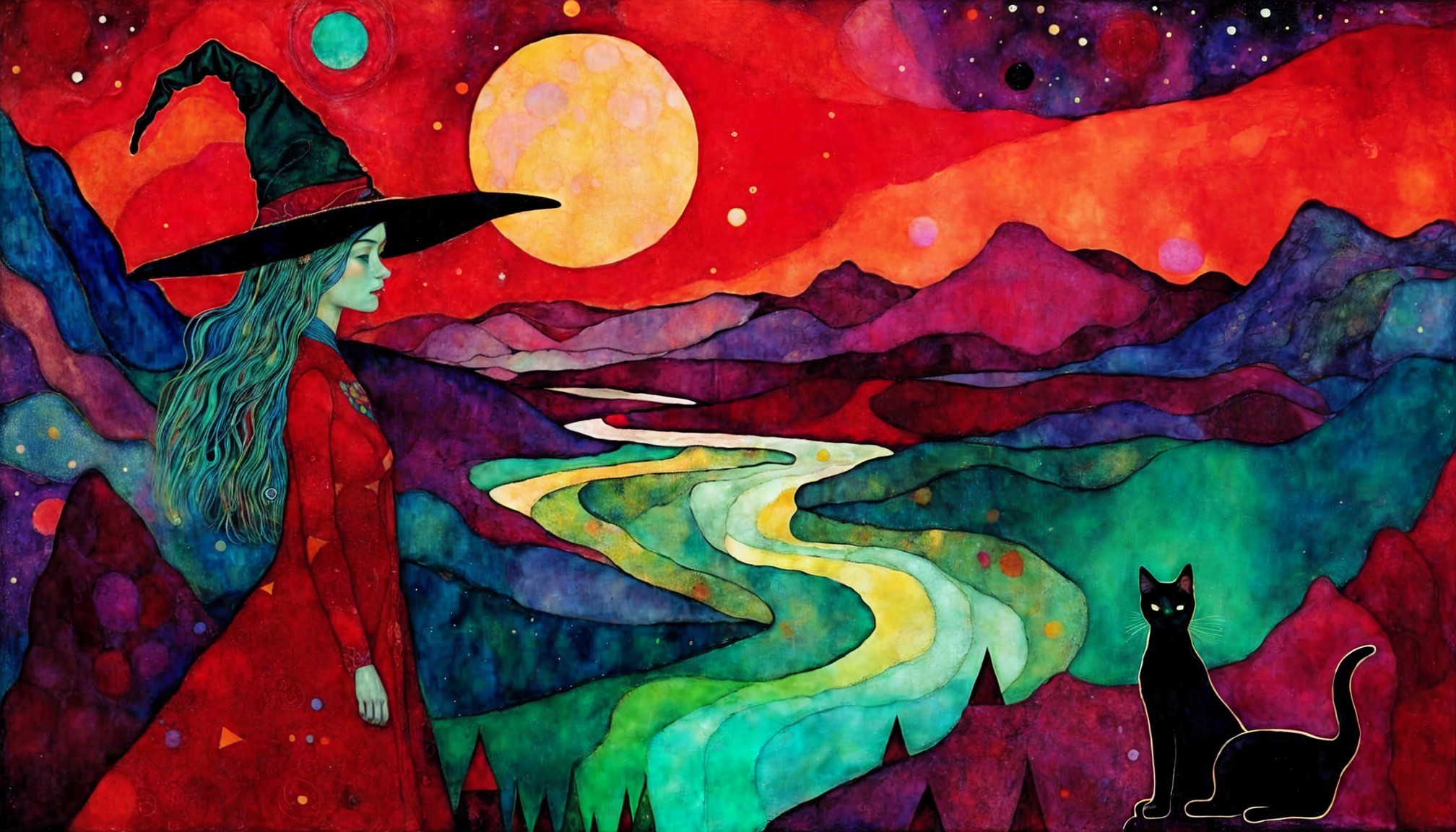 Mystical Landscape with Witch, Cat, and Sunset Sky