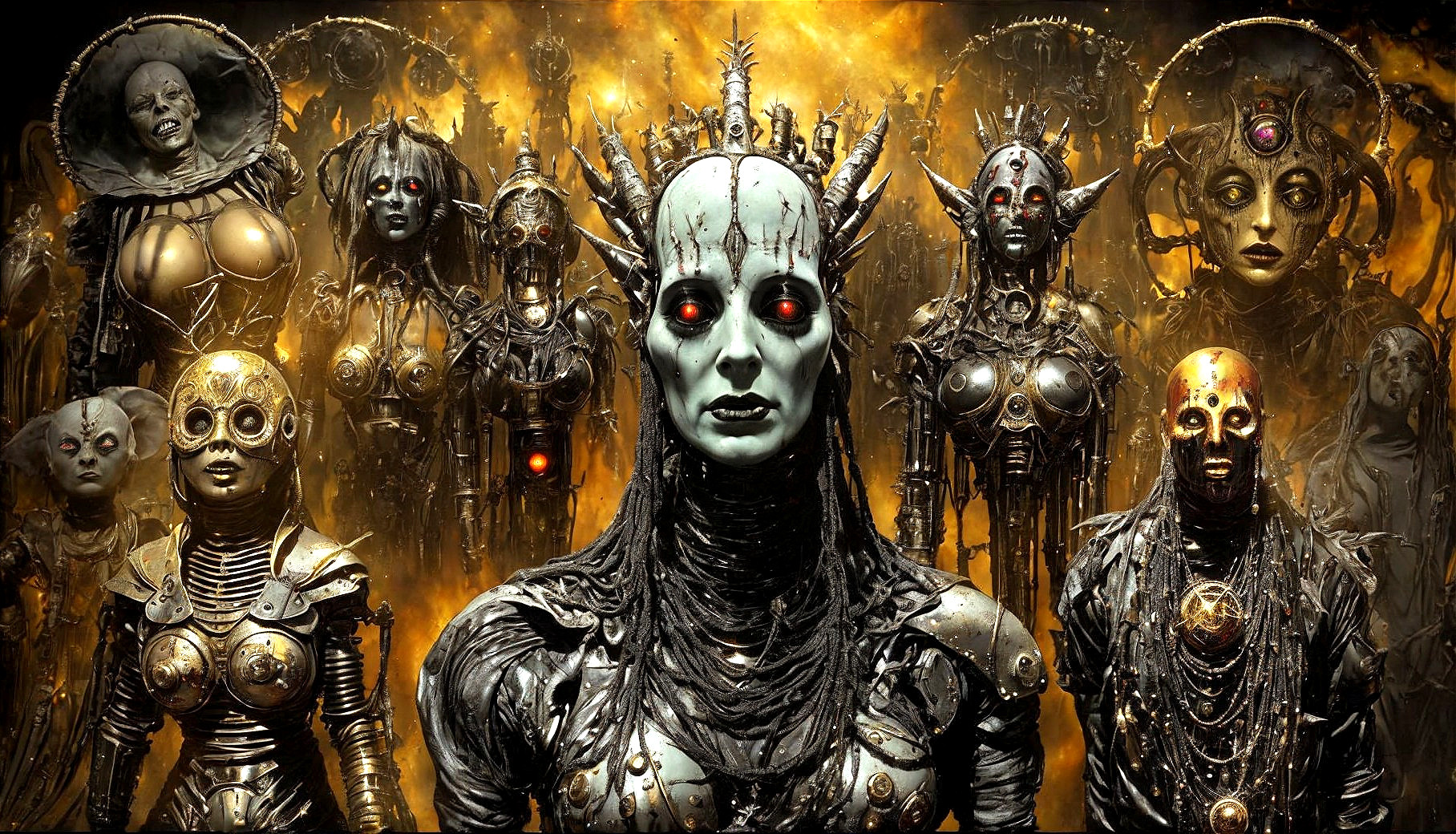 Robotic Figures with Metallic Designs and Glowing Eyes