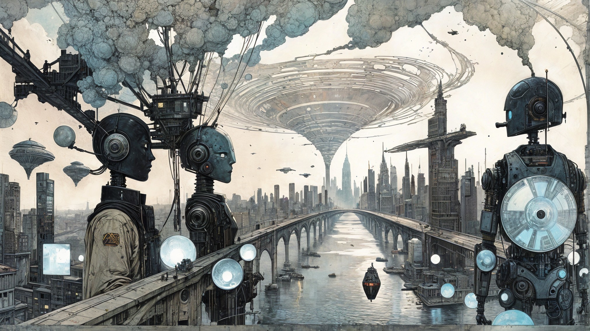 Futuristic cityscape with skyscrapers and robots