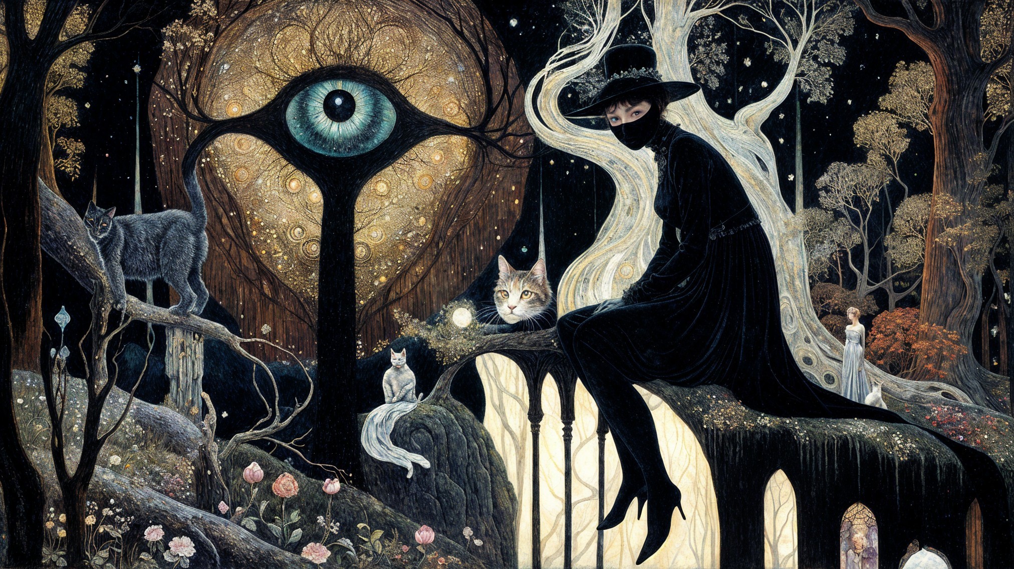 Mystical Forest Scene with Cloaked Figure and Creatures