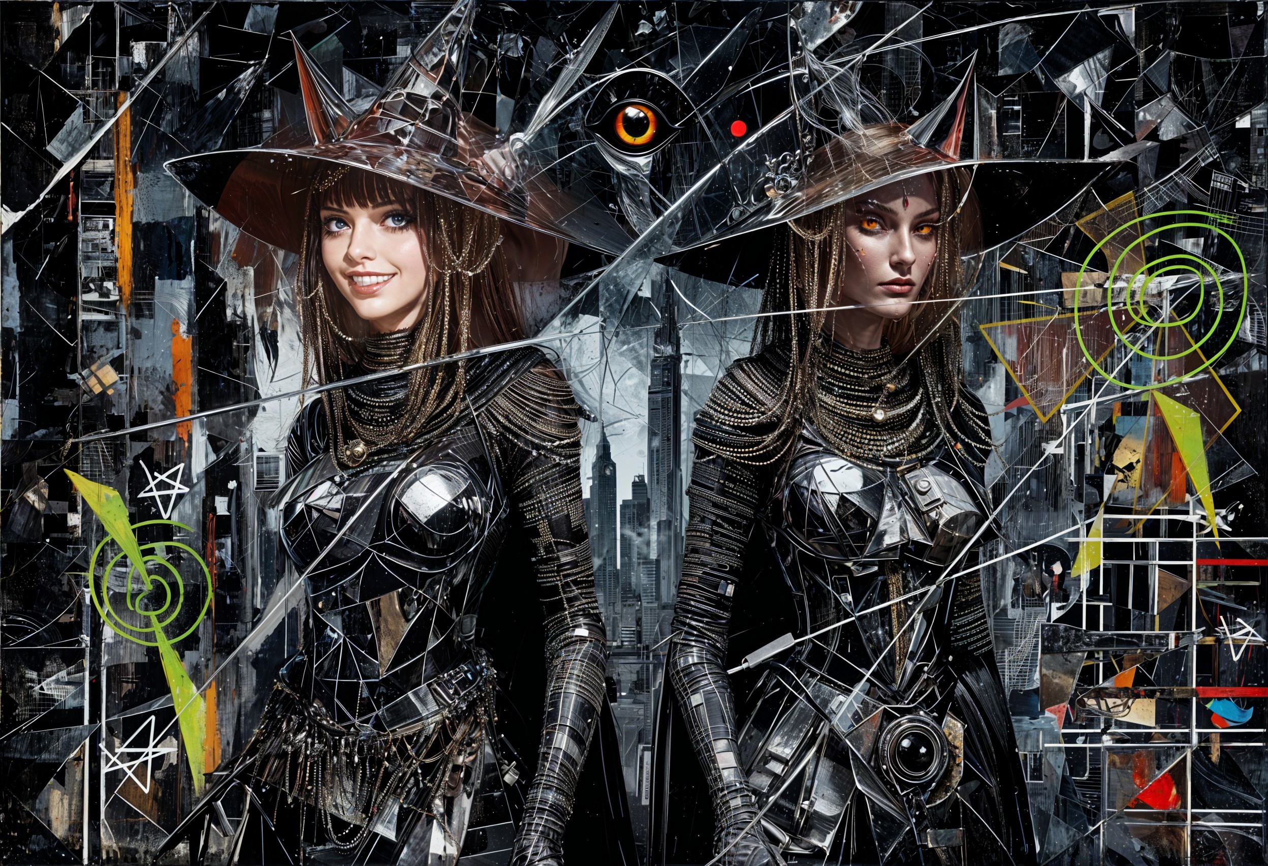 Two women in armor with a fractured cityscape backdrop
