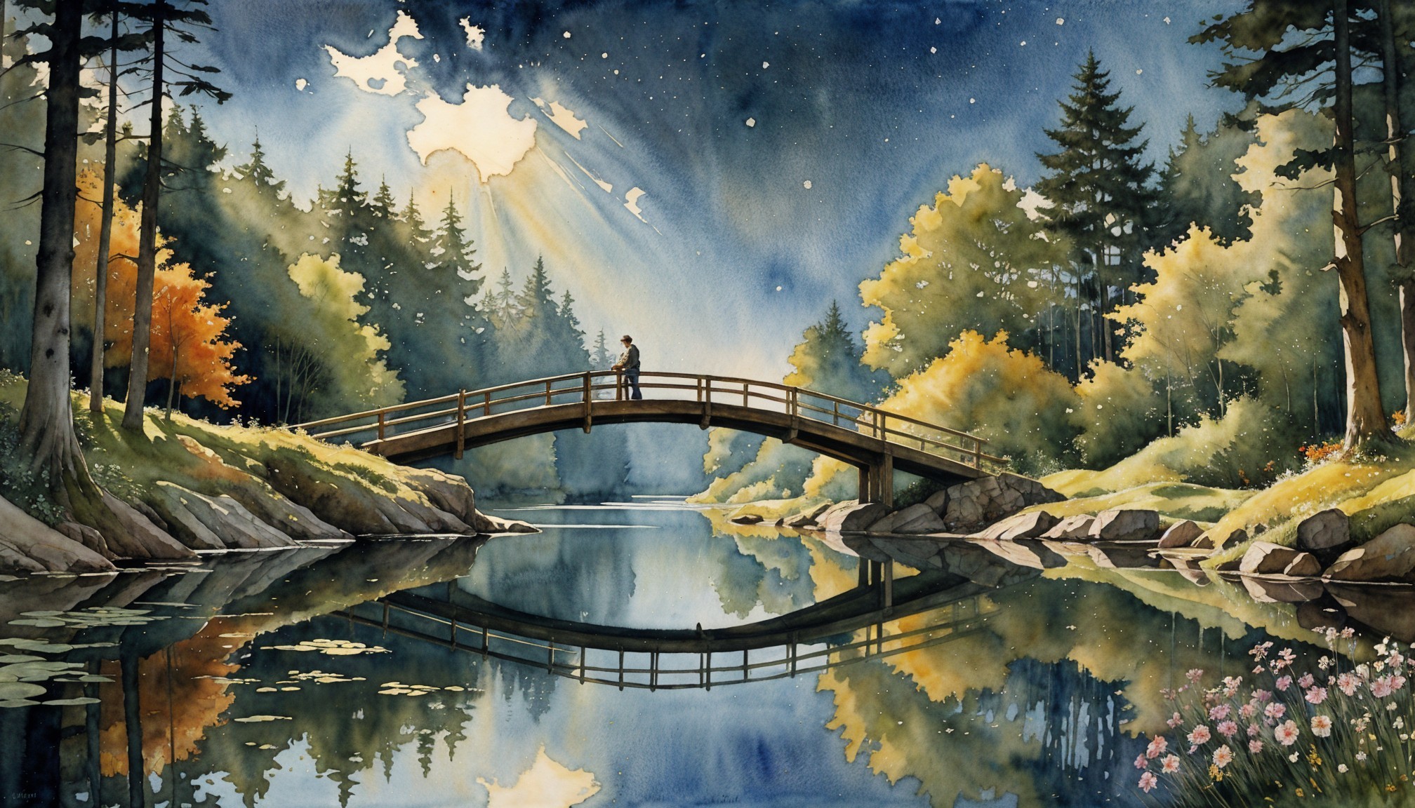 Tranquil Watercolor of Riverbank and Wooden Bridge