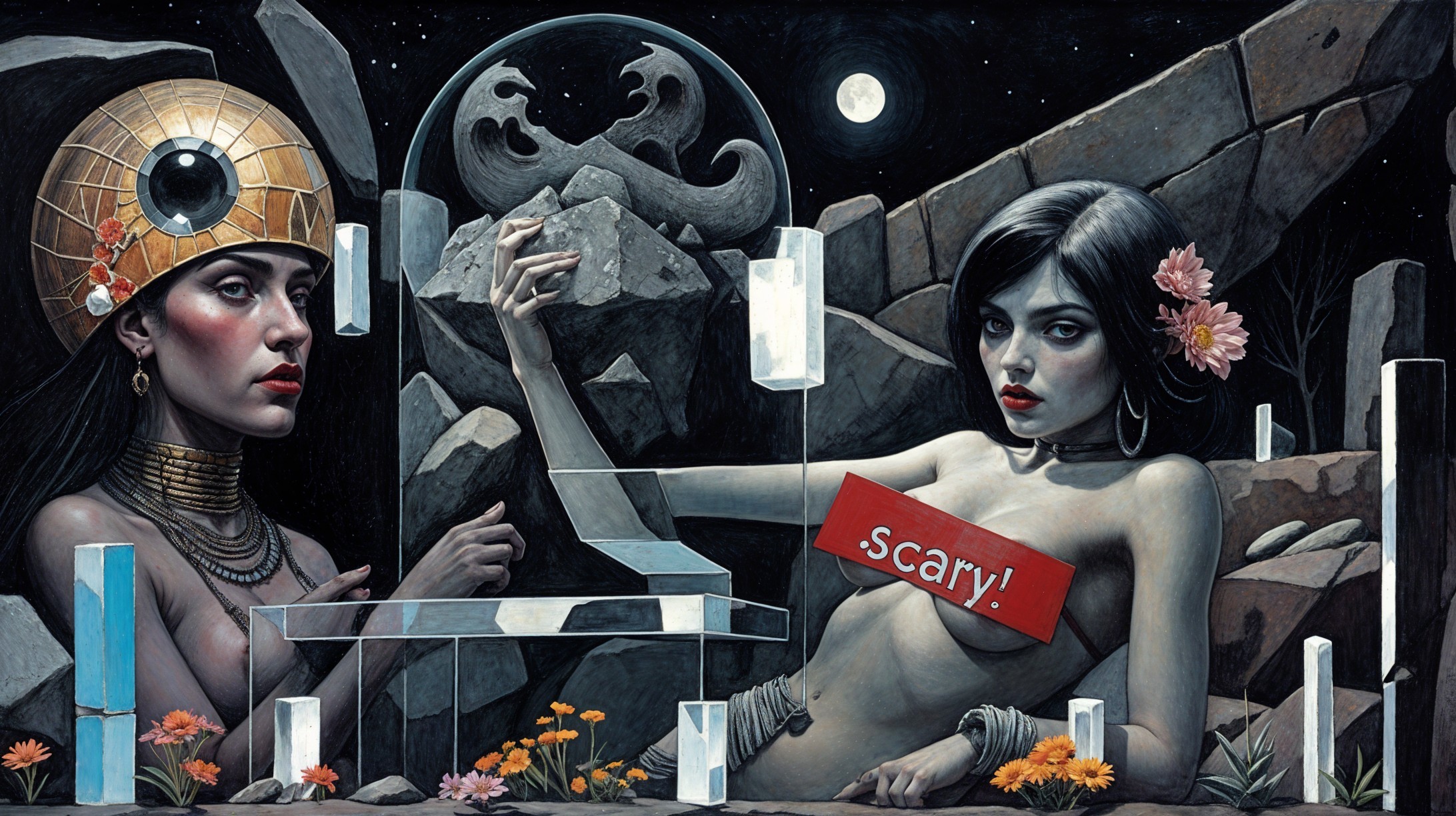 Surreal Artwork of Two Women in Eerie Landscape