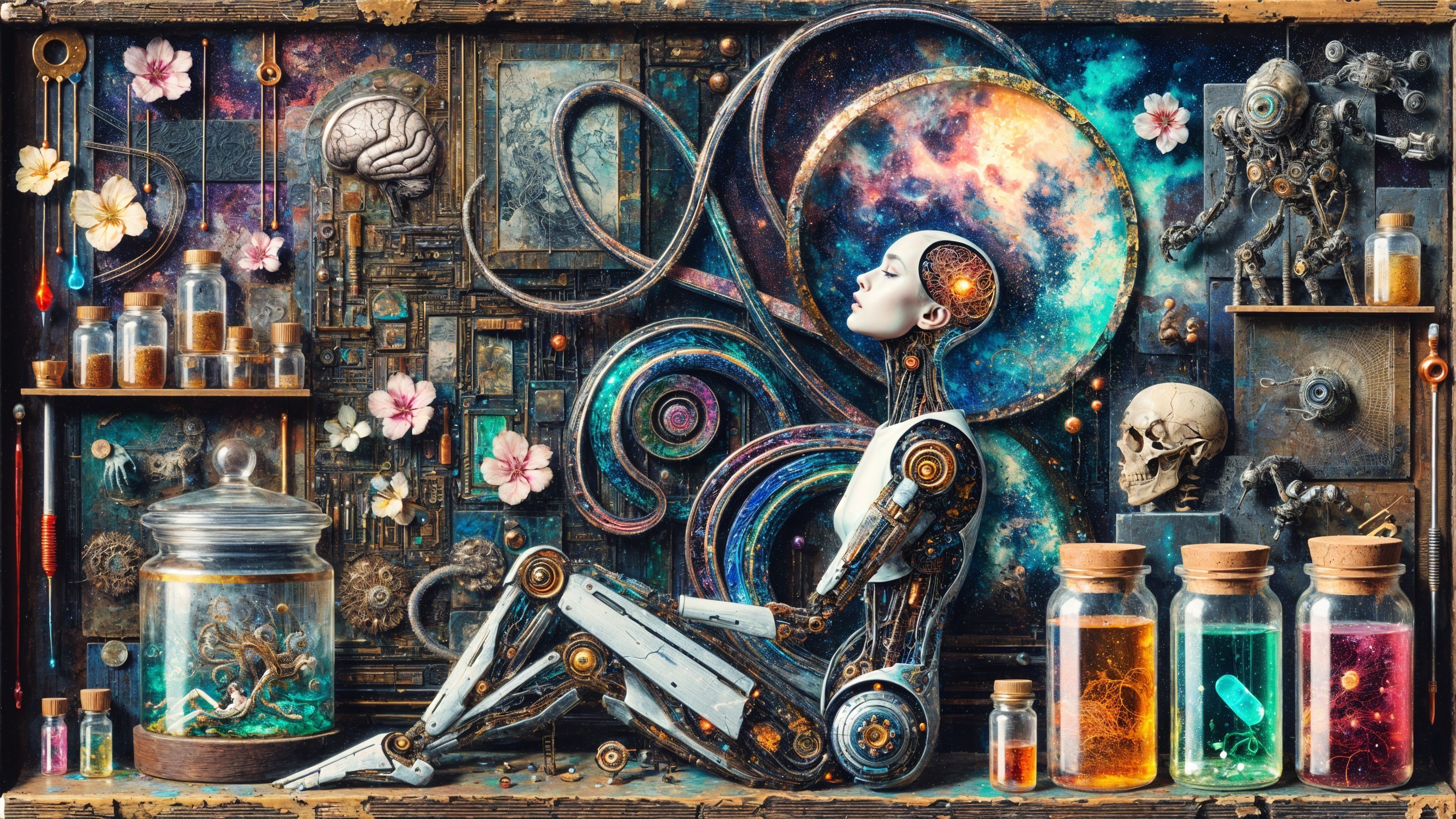 Surreal Steampunk Artwork with Robotic Figure and Cosmos