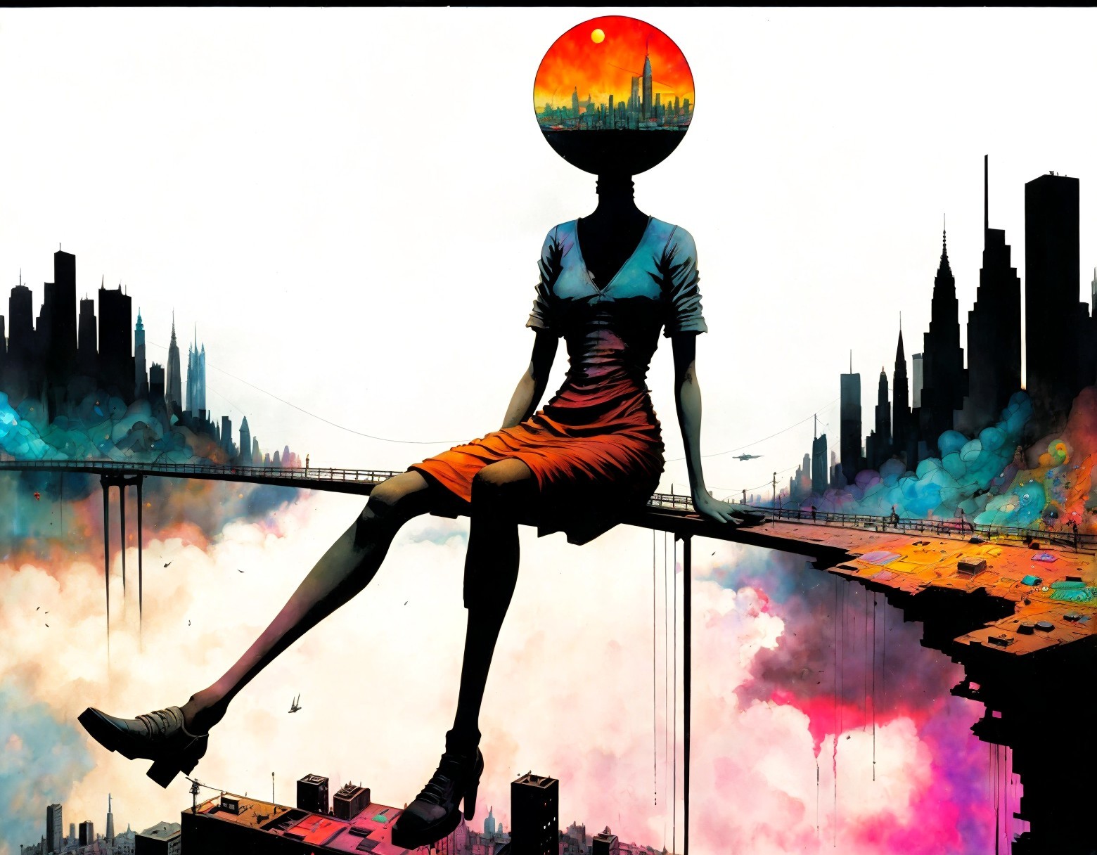 Surreal cityscape-themed artwork with person's head atop skyscraper