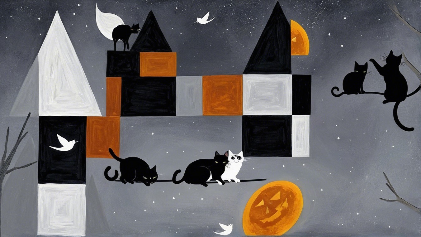 Whimsical Halloween Scene with Cats and Geometric Shapes