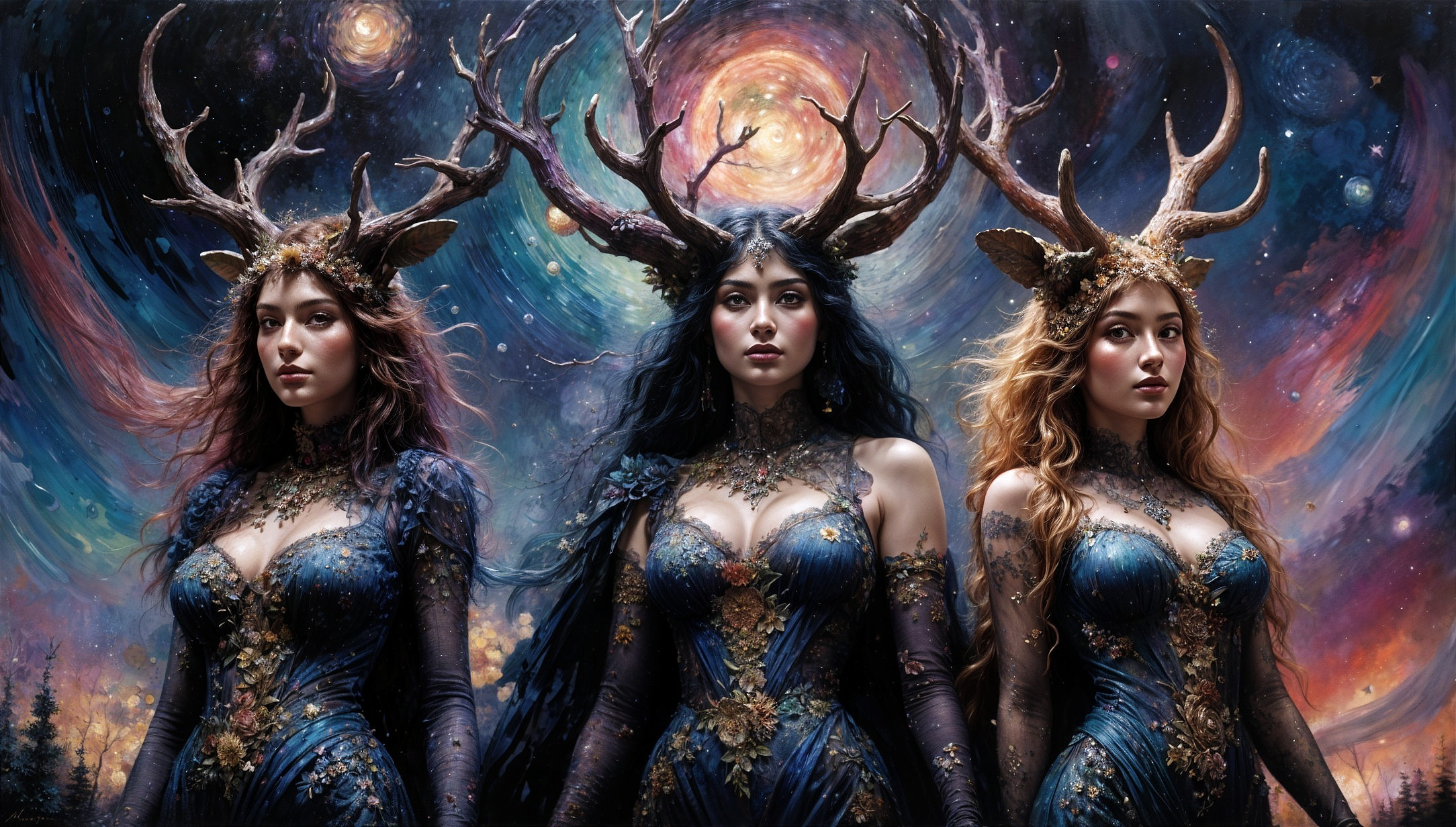 Mystical Figures in Gowns with Antlers and Cosmic Background