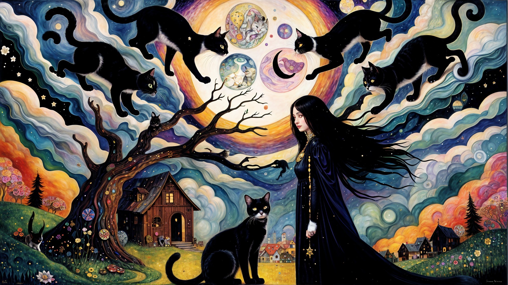 Whimsical Landscape with a Girl and Floating Cats