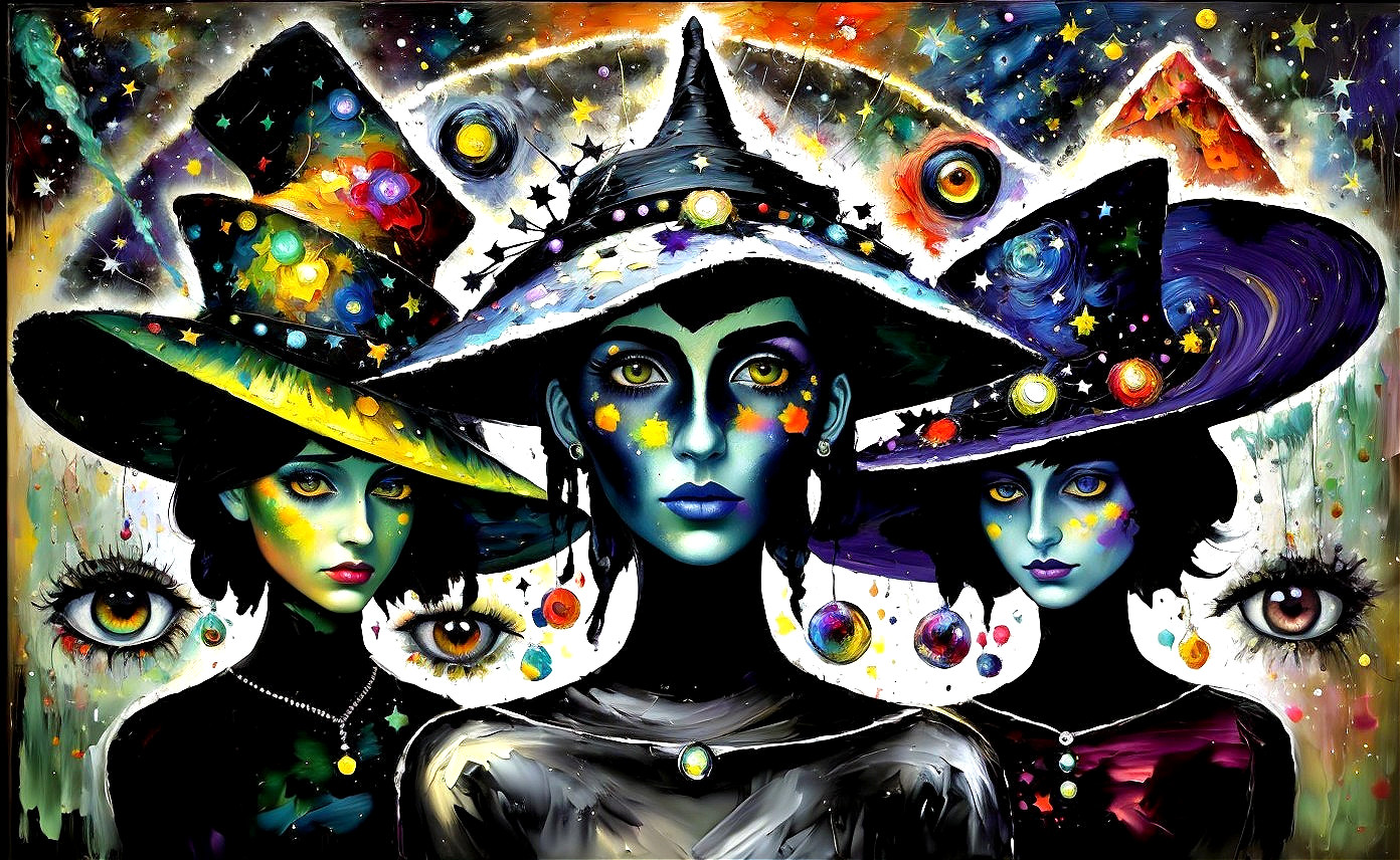 Women in Colorful Witch Hats Against Cosmic Background