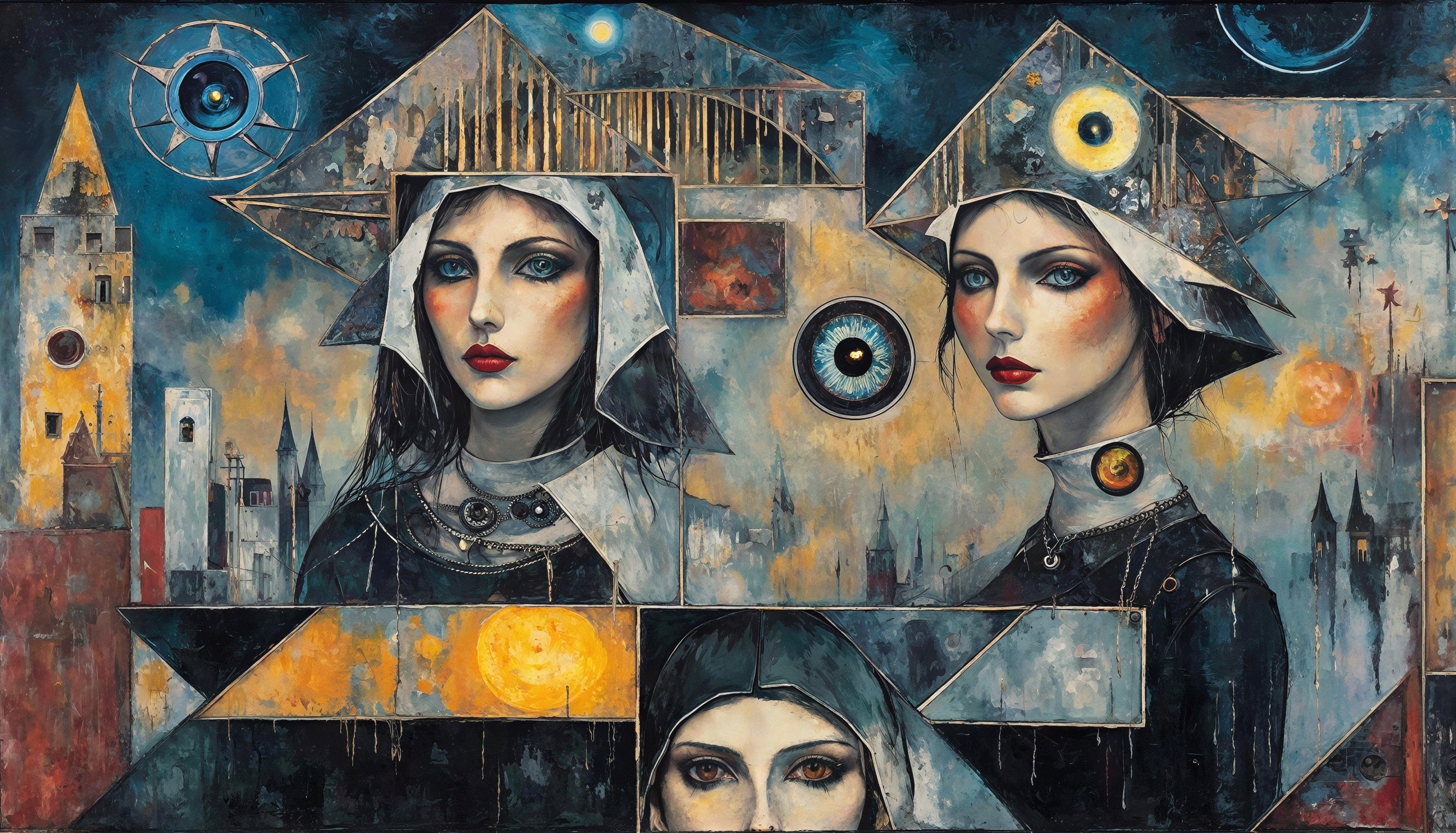 Impressionistic Oil Painting of Women's Faces at Night