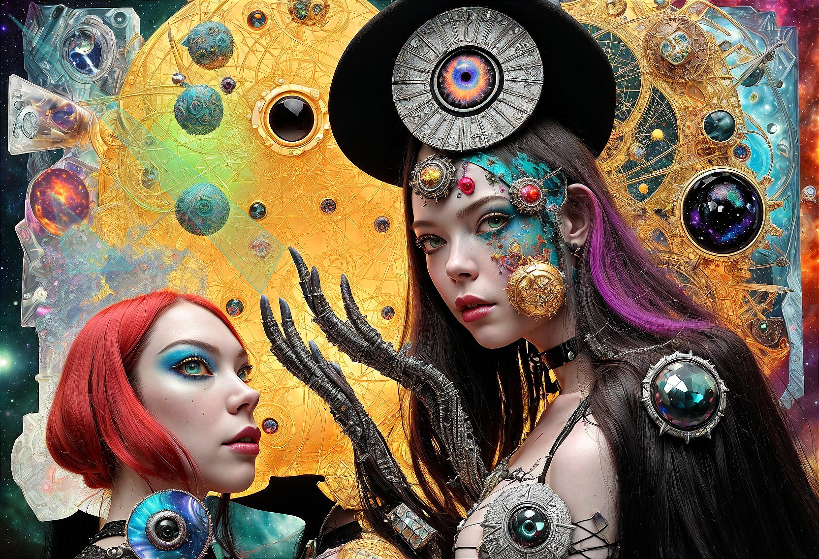 Futuristic Sci-Fi Figures with Cosmic Backdrop